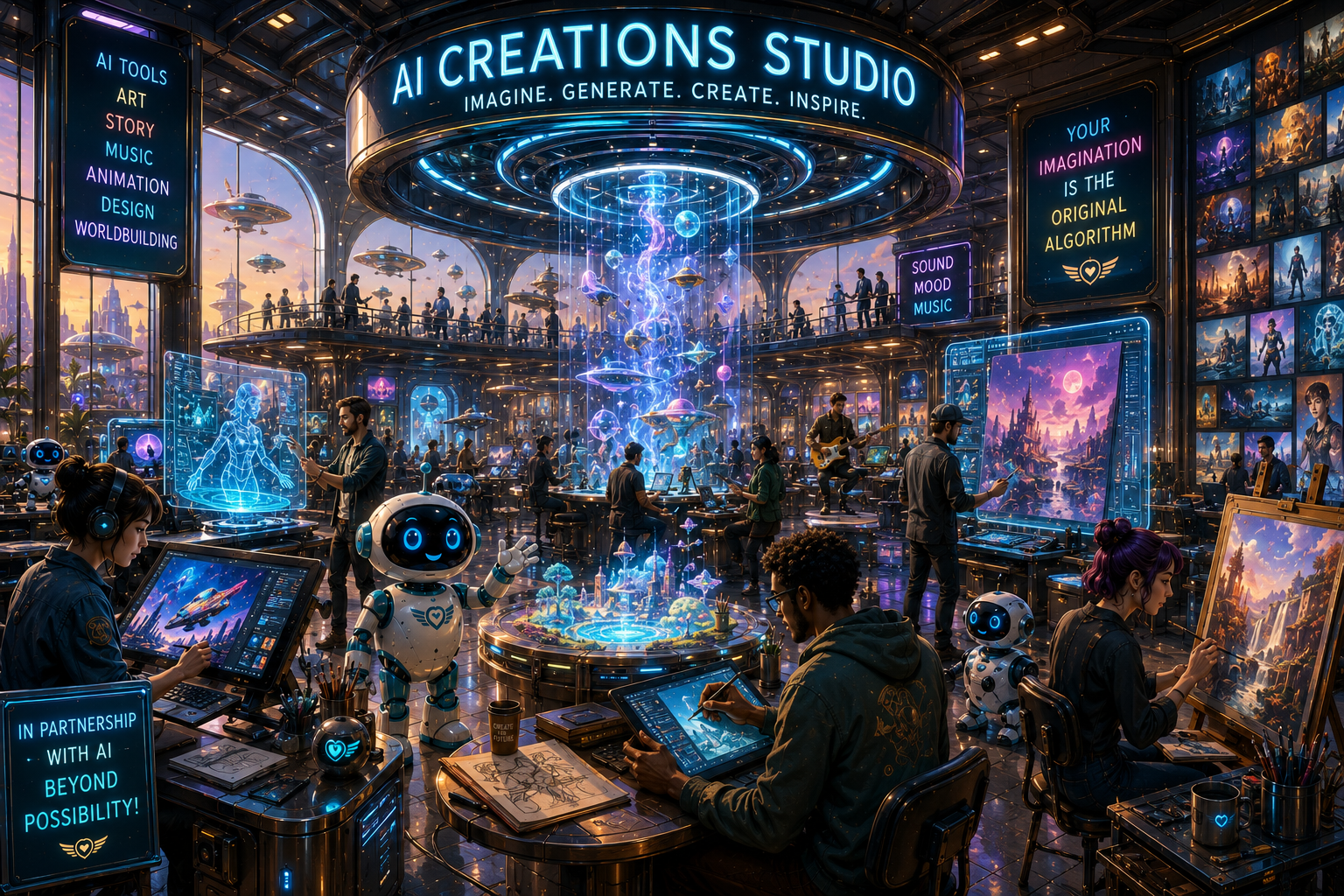 Retro Future Commons AI Creations Studio where human creators and robots collaborate with holographic art tools