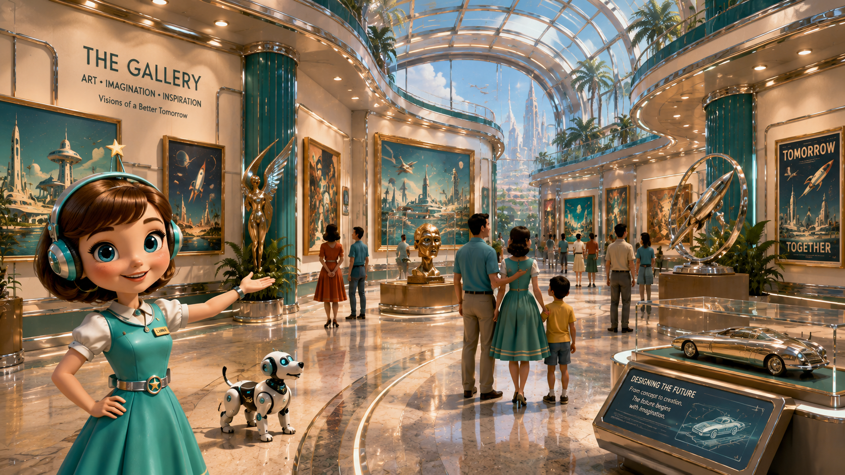 Retro Future Commons Gallery with retro-futurist art, sculpture, Luma, and museum visitors