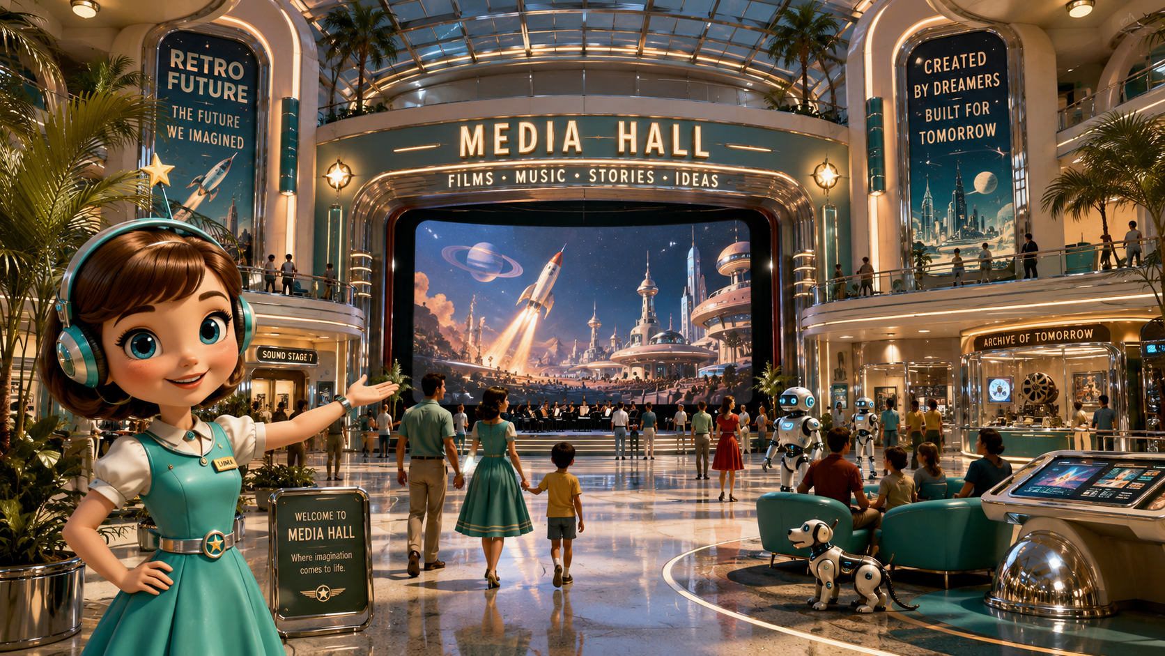 Retro Future Commons Media Hall with immersive screens, visitors, Luma, and friendly robots