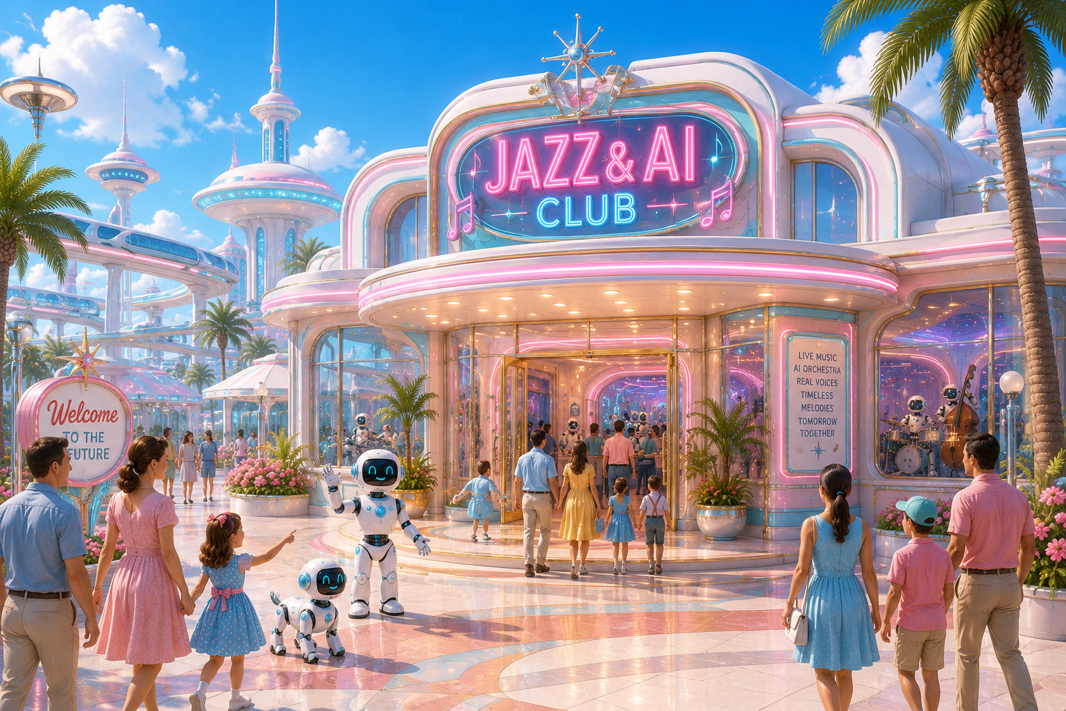 The bright exterior entrance of the Jazz and AI Club in Retro Future World