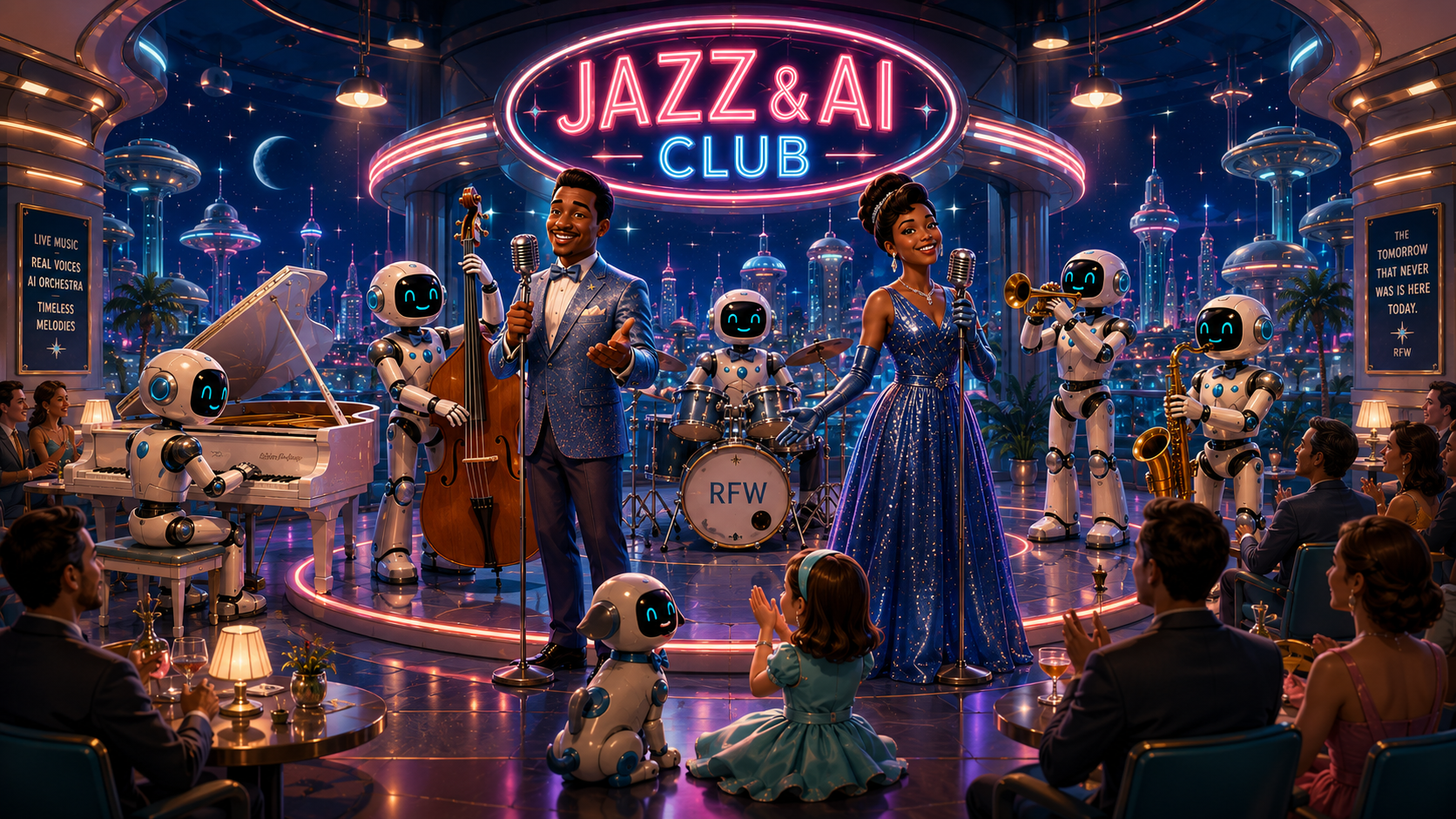Miles Sterling and Vanessa Blue performing with the friendly Jazz and AI robot orchestra