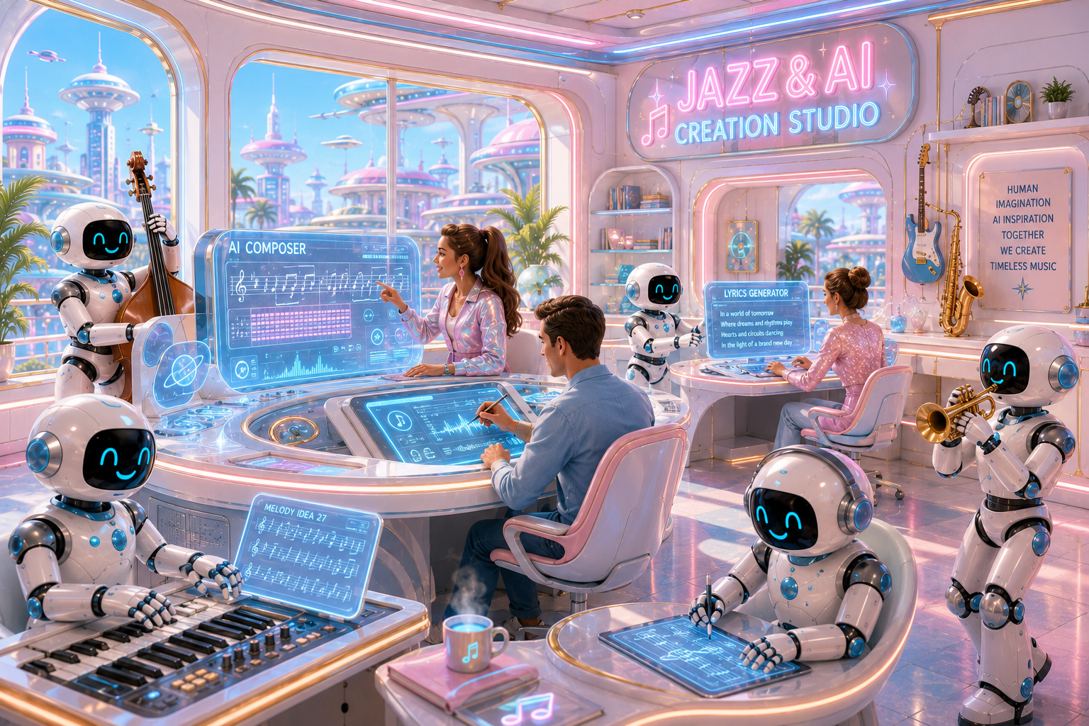 Human creators and friendly robots composing original music together