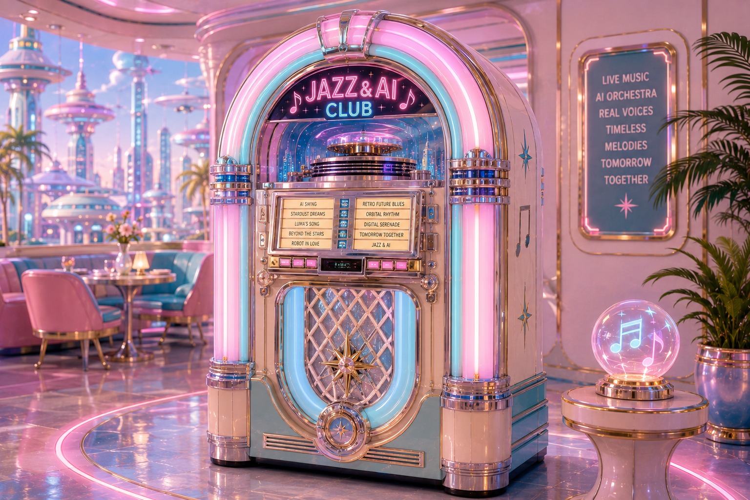 Pastel retro-futuristic Jazz and AI Club jukebox