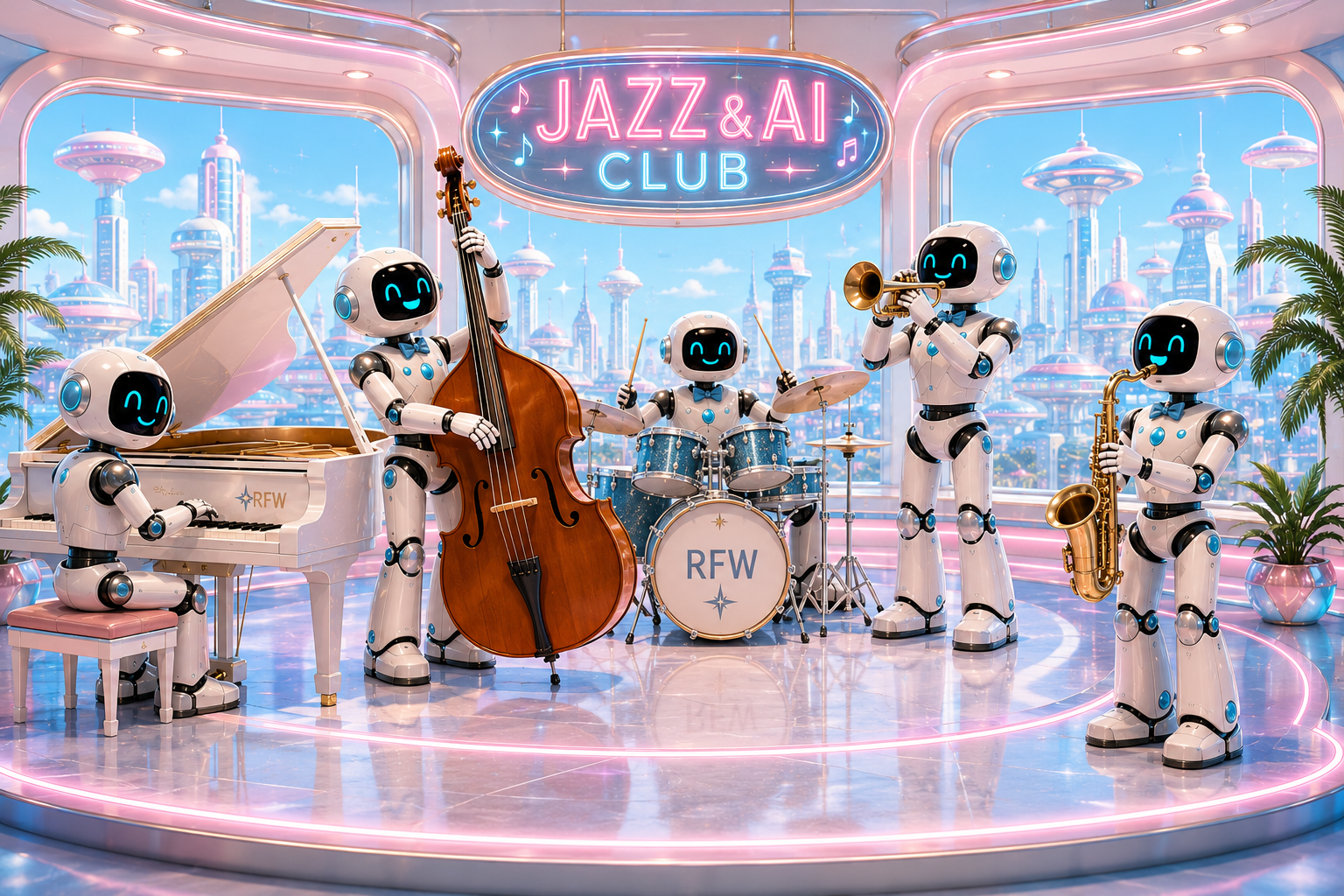 The friendly Jazz and AI robot orchestra performing together