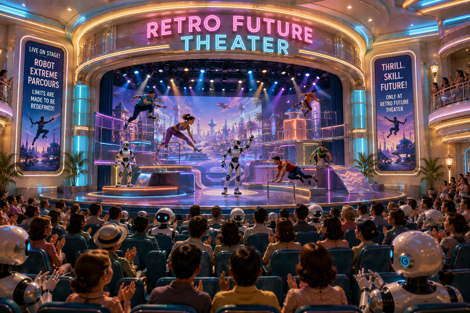 Human athletes and robots performing futuristic stage parcours