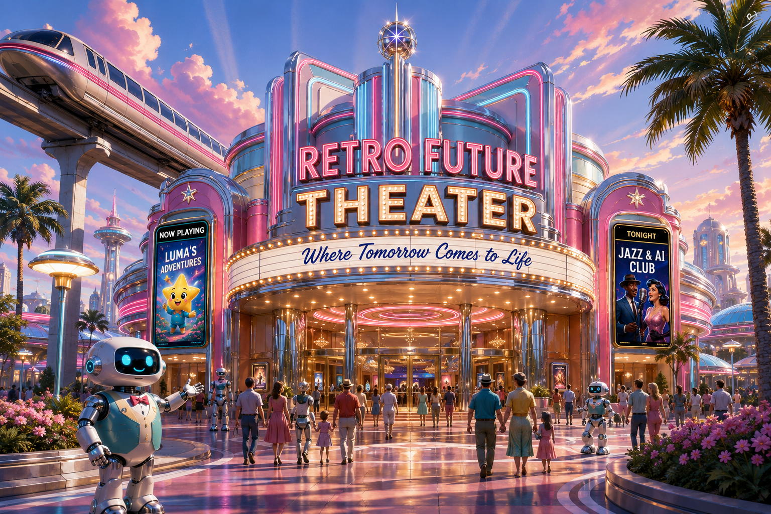 The bright pastel exterior of Retro Future Theater with families, friendly robots and a monorail