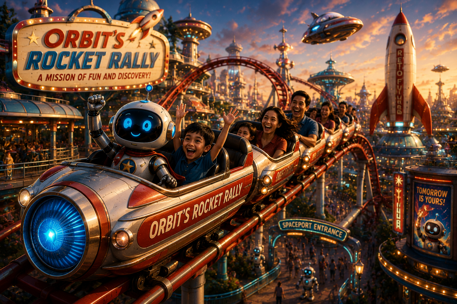 Orbit's Rocket Rally family launch coaster at Retro Future World